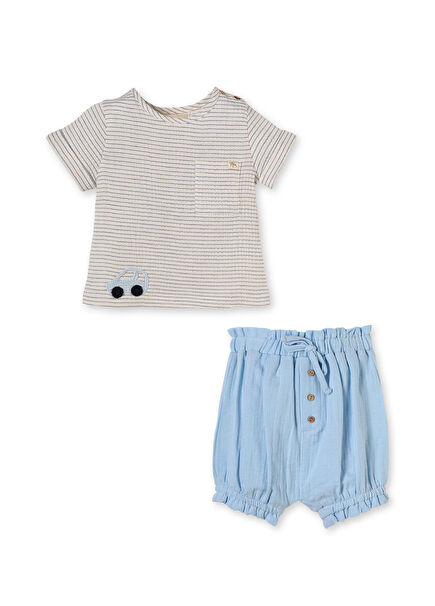 Mavi Organik Pamuklu Çizgili T-shir ve Pantolon 2'li Erkek Bebek Müslin Takım