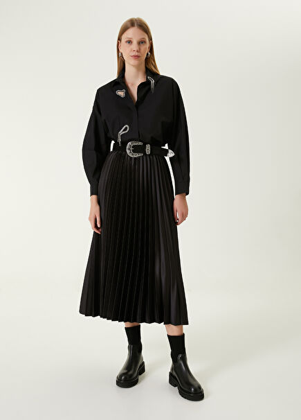 Siyah Pileli Midi Saten Etek