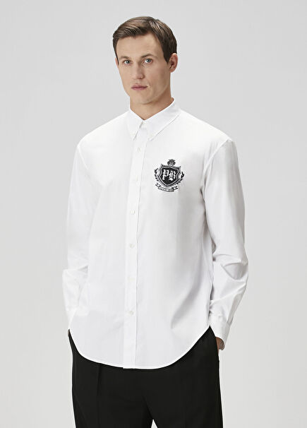 Beyaz Logo Nakışlı Gömlek