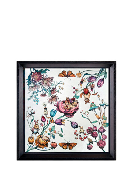 Tales of Flowers Patterned Silk Wood Framed Painting 24 x 24 cm