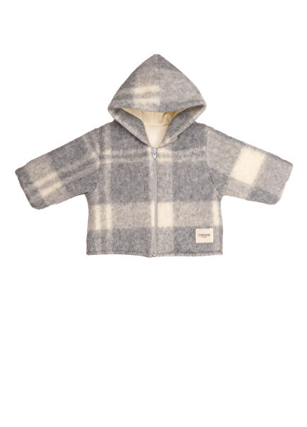 Gri Krem Ekoseli Kapüşonlu Unisex Bebek Mont  