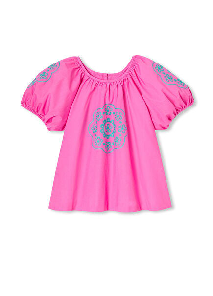 Pembe Balon Kollu Poplin Kız Çocuk Bluz
