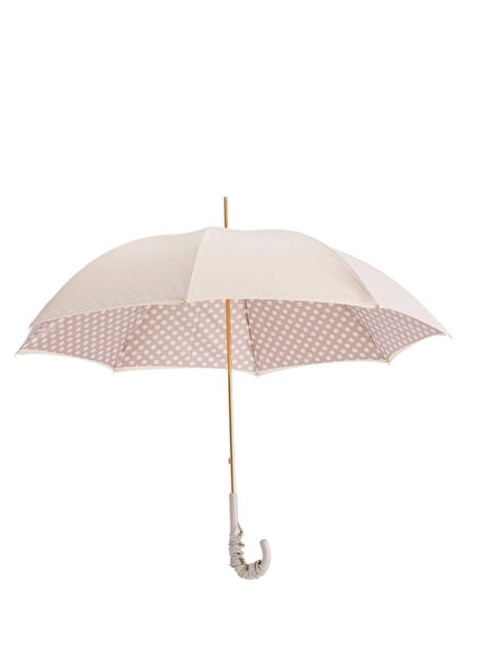 Puantiyeli Fildişi Deri Saplı Manuel Şemsiye
