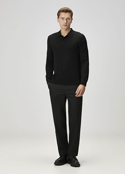 Siyah Polo Yaka Merino Triko