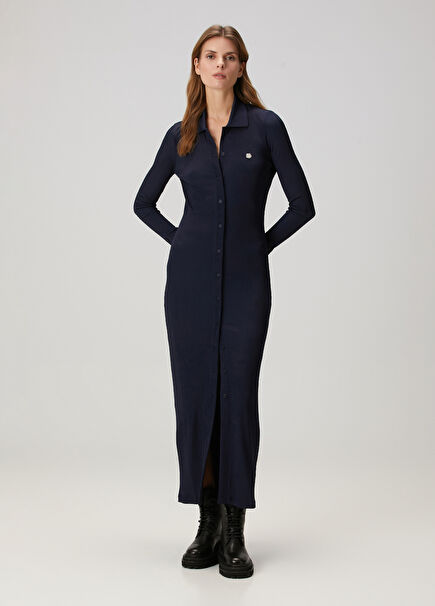 Dark Navy Blue Rib Maxi Polo Dress