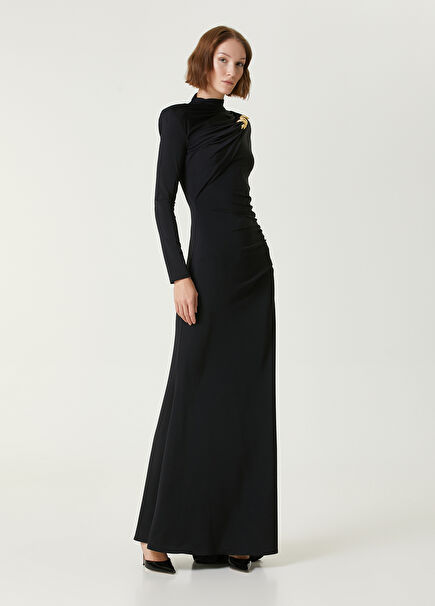 Black Draped Maxi Evening Dress