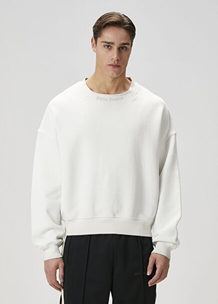 Curved Beyaz Logo Baskılı Sweatshirt