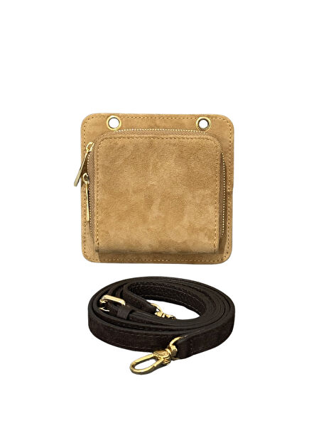 Khaos Brown Suede Leather Unisex Mini Shoulder Bag with Wallet Compartment