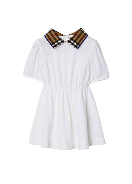 Check Collar Beyaz Pamuklu Kısa Kollu Kız Çocuk Elbise
