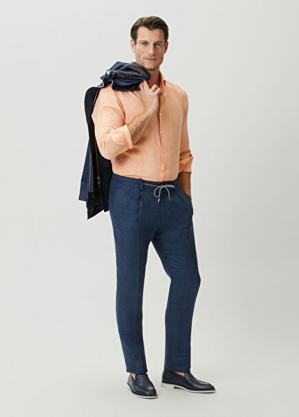 Lacivert Beli Kemerli Keten Pantolon