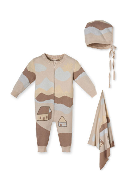 Desenli Triko Tulum Bere Zıbın ve Battaniye Unisex Bebek 4'lü Kutulu Set