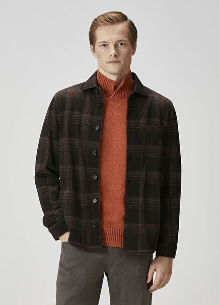 Kahverengi Ekose Desenli Yün Dış Gömlek