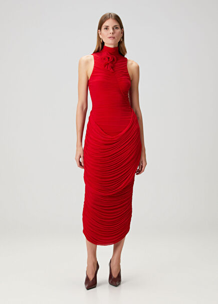 Kırmızı Büzgülü Midi Kokteyl Elbise