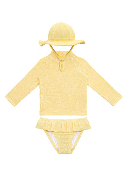 Butter Yellow UV Protection Long Sleeve Textured Hat Baby Girl Swimsuit Set
