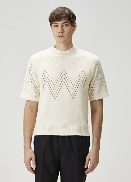 Kırık Beyaz Ajurlu Kısa Kollu Triko