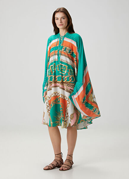Yeşil Turuncu Desenli Kaftan
