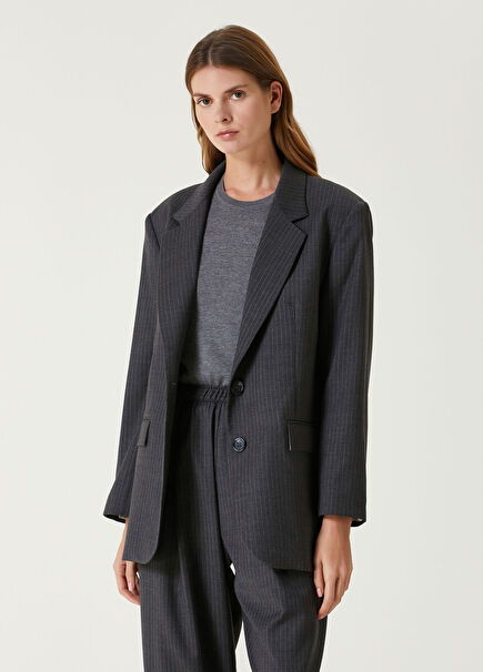 Koyu Gri Çizgili Yün Blazer