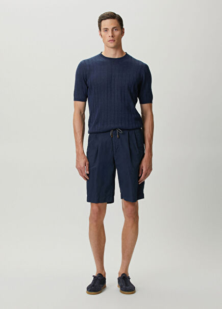 Navy Blue Waist Corded Double Pleated Bermuda