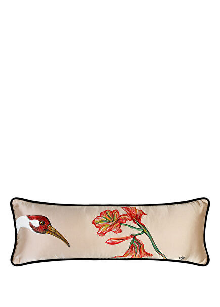 Crane and Flower Dark Beige Hand Painted Silk Throw Pillow 25 x 65 cm