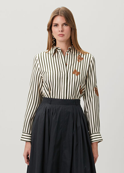 Striped Butterfly Detailed Silk Shirt