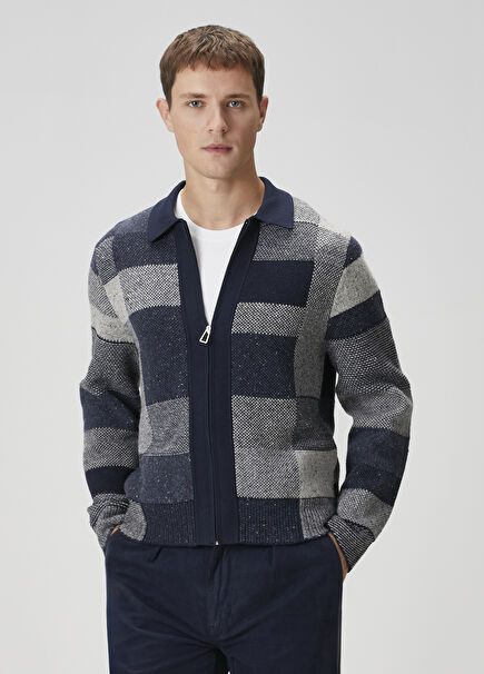 Çok Renkli Mavi Ekose Desenli Triko Hırka