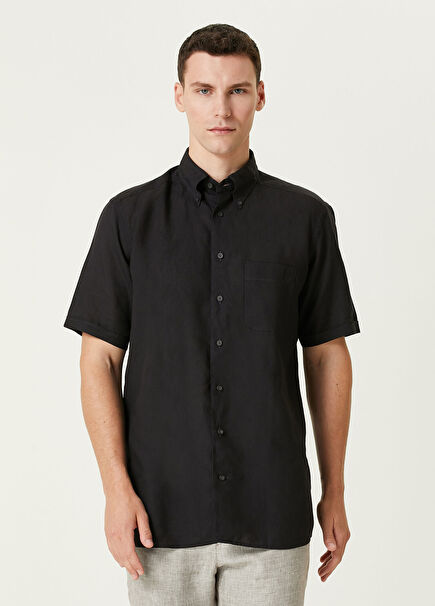 Siyah Kısa Kollu Keten Gömlek