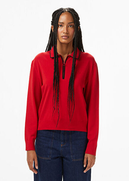 Kırmızı Classic Fit Polo Yaka Kadın Kazak