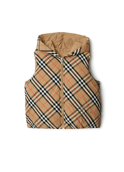 Reversible Check Nylon Padded Gilet Beige Unisex Kids Coat