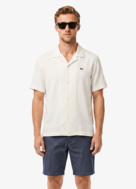Krem Pamuklu Relaxed Fit Kısa Kollu Erkek Gömlek