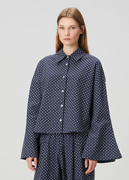 Lacivert Flare Kollu Gömlek