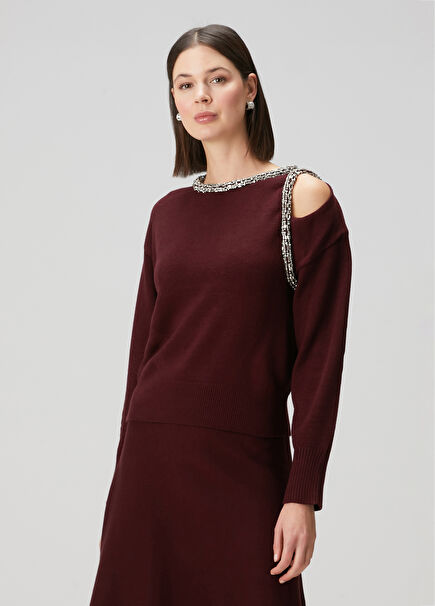 Burgundy Crystal Embellished Sweater