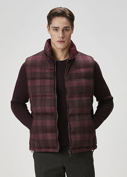 Burgundy Plaid Patterned Wool Puff Vest