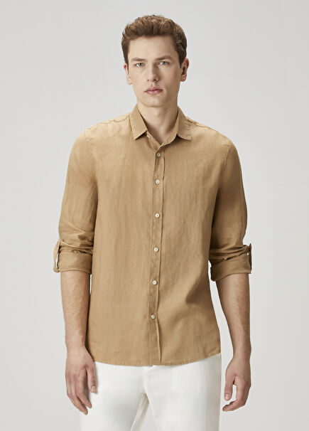 Beige Logo Embroidered Linen Shirt