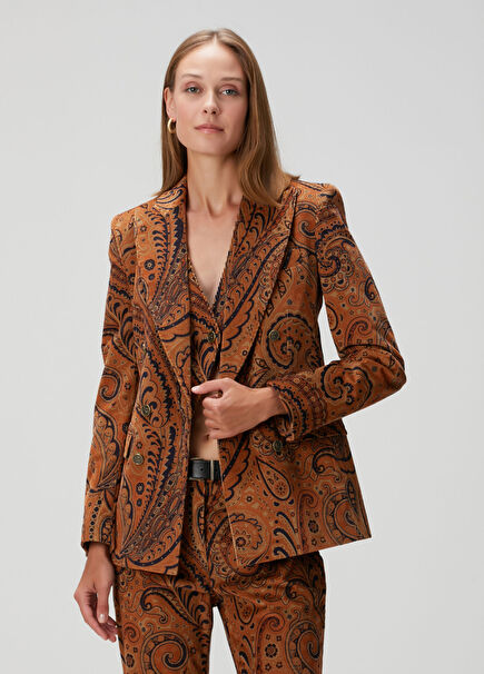 Kahverengi Şal Desenli Kadife Ceket