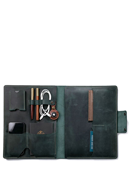 MacBook Air 15" Antik Yeşil Deri Kılıf Organizer 