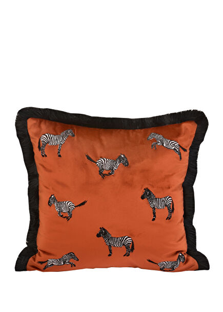 Dekoratif Zebra Nakış İşlemeli Siyah Püsküllü Kiremit Kadife Yastık Kılıfı 45 x 45 cm
