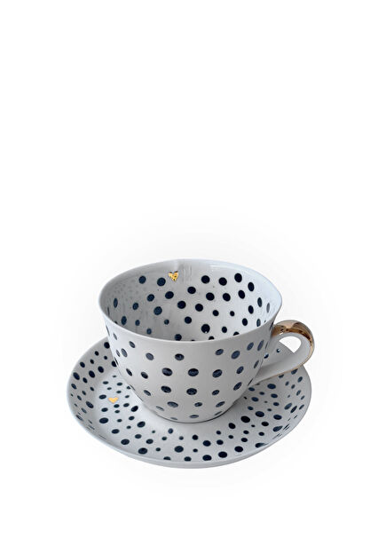 Points And Gold Heart Porselen Kahve Fincan ve Tabağı