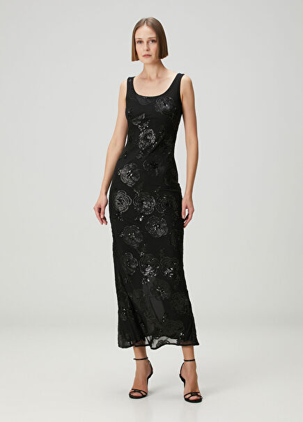 Black Embroidered Maxi Evening Dress