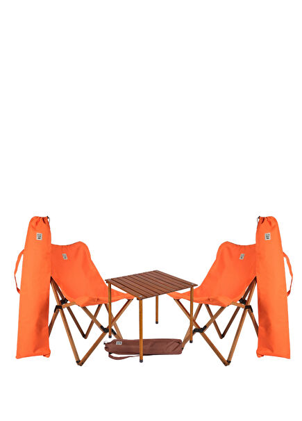 Kahverengi Turuncu Ahşap Katlanır Masa Sandalye Seti