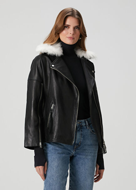 Vendra Shearling Detaylı Deri Biker Ceket