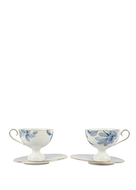 Linear Bloom Blue Patterned Porcelain Set of 2 Coffee Cups and Saucers