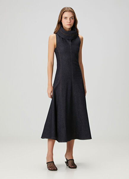 Lacivert Midi Denim Elbise