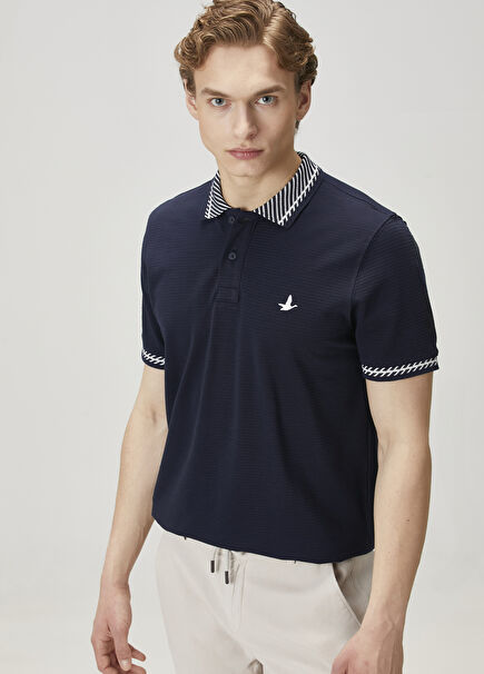 Navy Blue Line Detailed Polo Neck T-Shirt