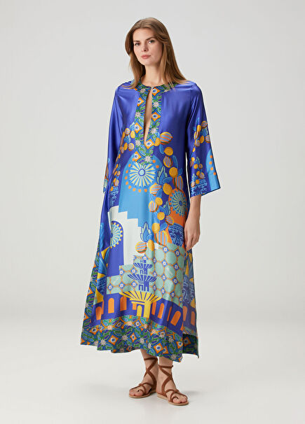 Teresa Blue Patterned Silk Caftan