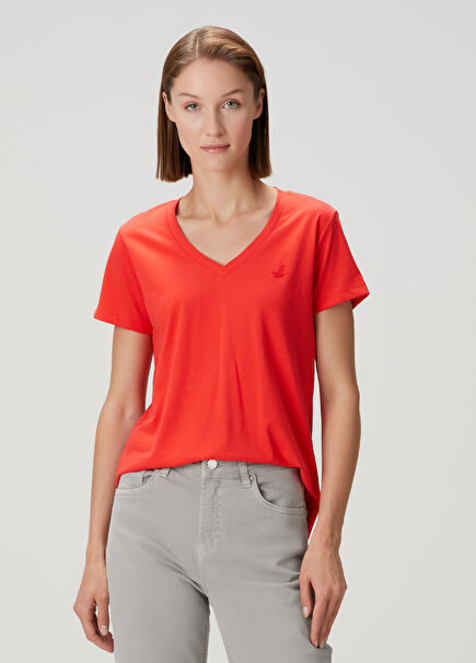 Pomegranate Blossom V-Neck Flowing T-Shirt