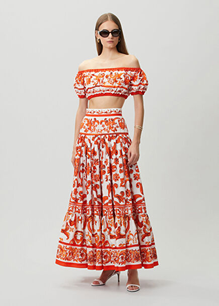 Orange White Patterned Maxi Skirt