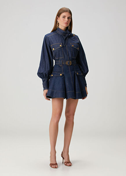 Lacivert Mini Denim Kargo Etek
