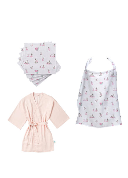 Bebe Lapin Rose Emzirme Önlüğü 5' li Omuz Bezi ve Pembe Anne Kimono Seti