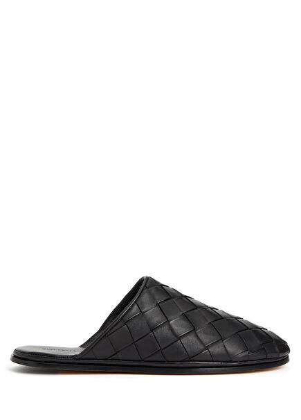 Men's Leather Slippers With Black Knit Texture