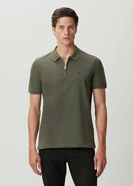 Khaki Zippered Polo Shirt